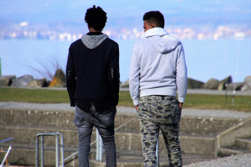 Friends by a lake