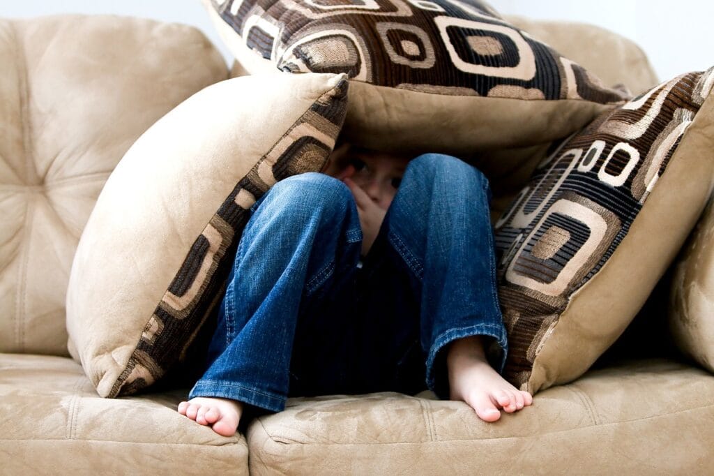 Litte boy hiding under the cusions