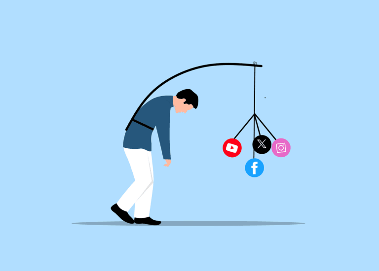 Man encumbered and distracted by social media use