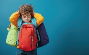 Boy carrying too many backpacks