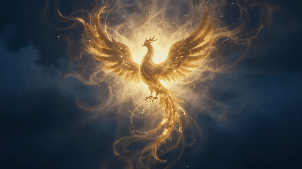 Phoenix-like silhouette rising from swirling mists, representing transformation and becoming in a fresh start journey