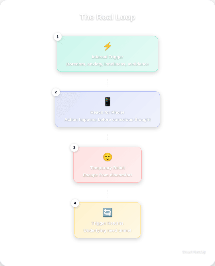 Flowchart showing 4 nodes: Internal Trigger (boredom, anxiety, loneliness, avoidance) → Reach for Phone → Temporary Relief → Trigger Returns. The loop continues because underlying needs remain unmet.