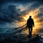 Silhouetted figure at shoreline releasing chains, storm clouds breaking to reveal golden light - metaphor for self-forgiveness