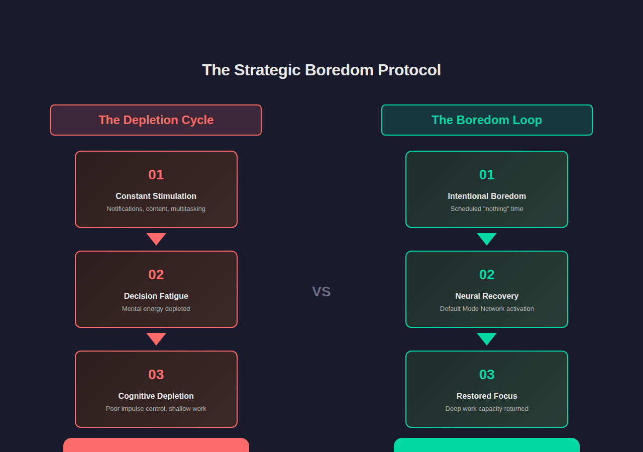 Infographic comparing the Depletion Cycle and Boredom Loop - showing how constant stimulation leads to cognitive decline while strategic boredom restores attention and productivity
