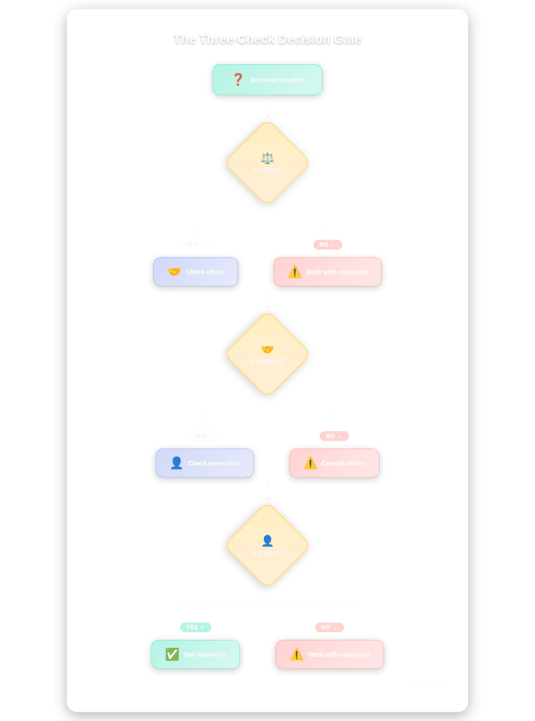 Flowchart showing the three-check decision process for self-authorization