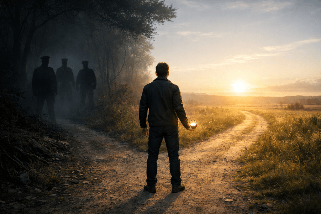 Man, standing at golden hour crossroads holding a glowing compass, representing self-authorization