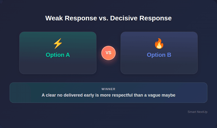 Comparison chart showing weak responses like apologizing and over-explaining versus decisive responses like being direct