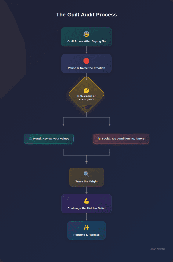 Decision flowchart for saying no without guilt - pause, identify guilt type, and choose your response