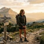 A thoughtful hiker standing at a scenic mountain trail crossroads in golden hour light, contemplating a decisive life choice