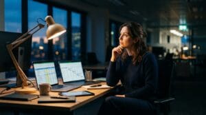 Cinematic editorial photograph of Maya, a 33-year-old female operations director with dark hair tied back loosely, sitting at a modern minimalist wooden desk in a late-evening office with laptop screens and warm desk lamp light.