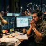 Cinematic editorial photograph of Javier Morales, a 38-year-old Hispanic male logistics coordinator with short dark hair and light stubble in an olive button-up shirt, sitting late at night at a cluttered dispatch desk surrounded by shipment manifests.