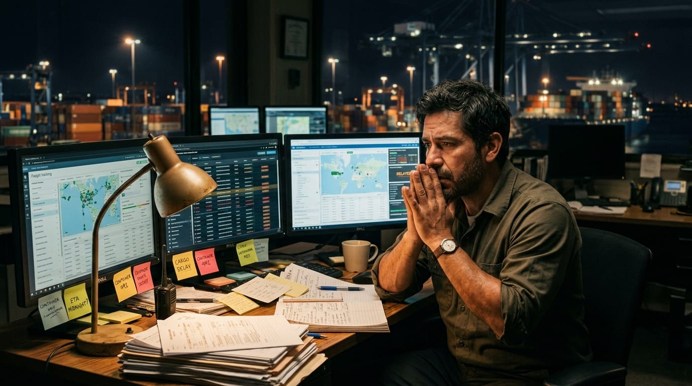 Cinematic editorial photograph of Javier Morales, a 38-year-old Hispanic male logistics coordinator with short dark hair and light stubble in an olive button-up shirt, sitting late at night at a cluttered dispatch desk surrounded by shipment manifests.