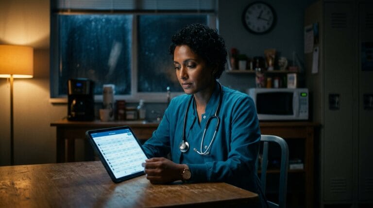 A 34‑year‑old emergency nurse with deep brown skin, short curly hair, wearing a crisp teal scrubs jacket, sitting alone in a dimly lit break room at 2 am, eyes fixed on a tablet displaying patient stats, tension evident, cool blue‑gray lighting, 16:9, hyperrealistic editorial photography, award‑winning lighting, zero text.